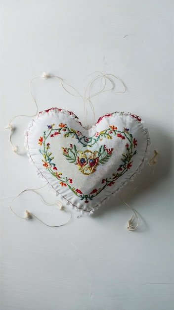 haftowane serce na lnianej tkaninie